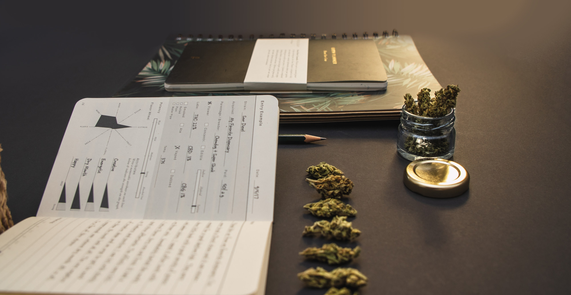 marijuana on desk with business notebooks